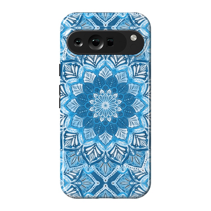 Pixel 9 Pro XL StrongFit Boho Mandala in Monochrome Blue and White by Micklyn Le Feuvre