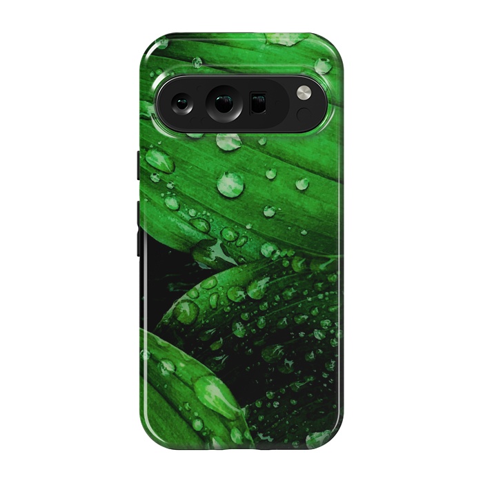 Pixel 9 pro StrongFit green leaf with raindrops by haroulita