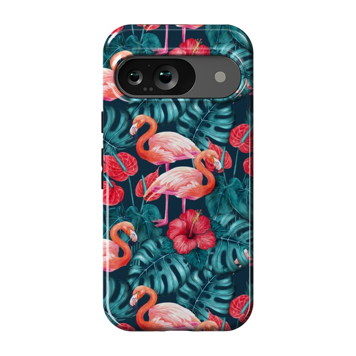 Pixel 9 StrongFit Flamingo birds and tropical garden watercolor by Katerina Kirilova