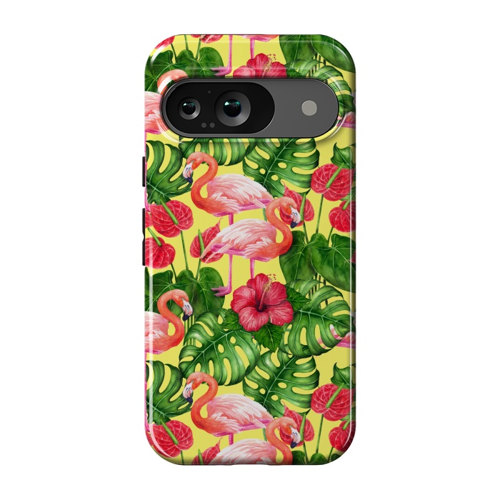 Pixel 9 StrongFit Flamingo birds and tropical garden watercolor 2 by Katerina Kirilova