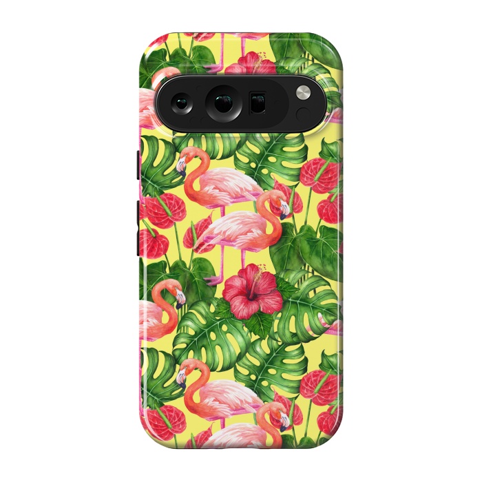 Pixel 9 pro StrongFit Flamingo birds and tropical garden watercolor 2 by Katerina Kirilova