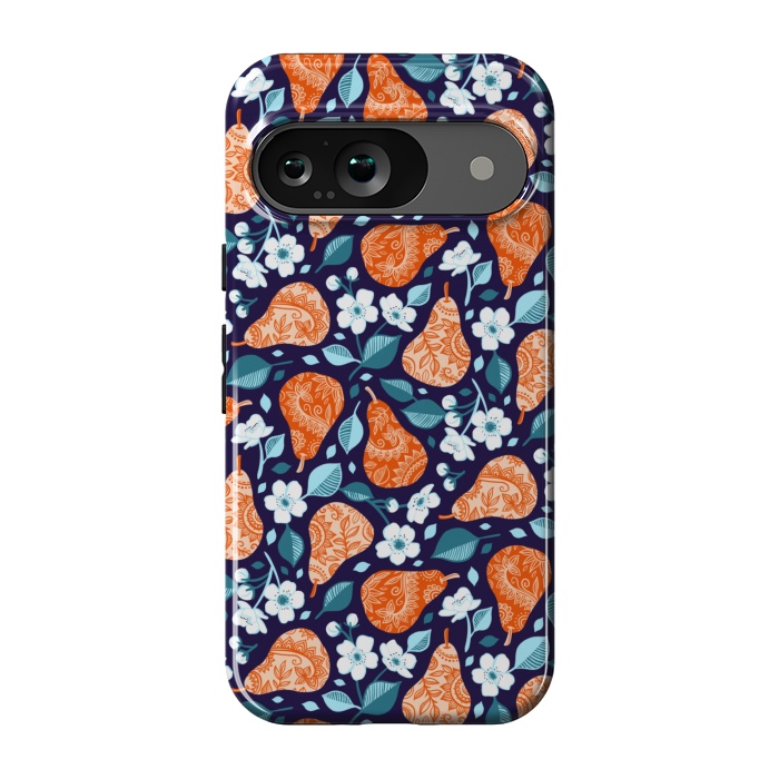 Pixel 9 StrongFit Cheerful Pears in Orange on Navy Blue by Micklyn Le Feuvre