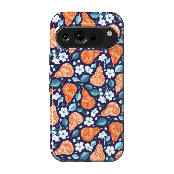 Pixel 9 pro StrongFit Cheerful Pears in Orange on Navy Blue by Micklyn Le Feuvre