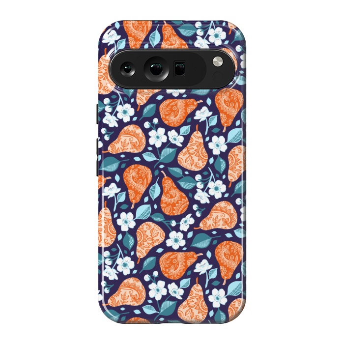 Pixel 9 Pro XL StrongFit Cheerful Pears in Orange on Navy Blue by Micklyn Le Feuvre