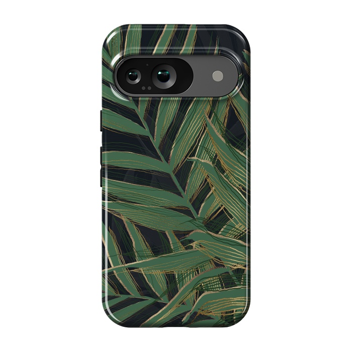 Pixel 9 StrongFit Trendy Green Palm Leaves Gold Strokes Gray Design by InovArts