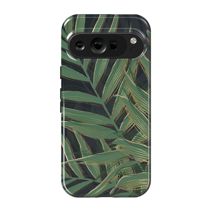 Pixel 9 pro StrongFit Trendy Green Palm Leaves Gold Strokes Gray Design by InovArts