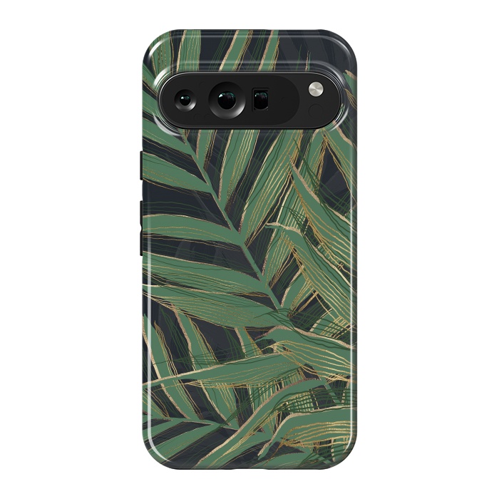 Pixel 9 Pro XL StrongFit Trendy Green Palm Leaves Gold Strokes Gray Design by InovArts