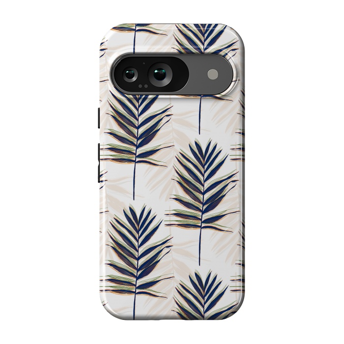 Pixel 9 StrongFit Modern Blue Palm Leaves Gold Strokes White Design by InovArts