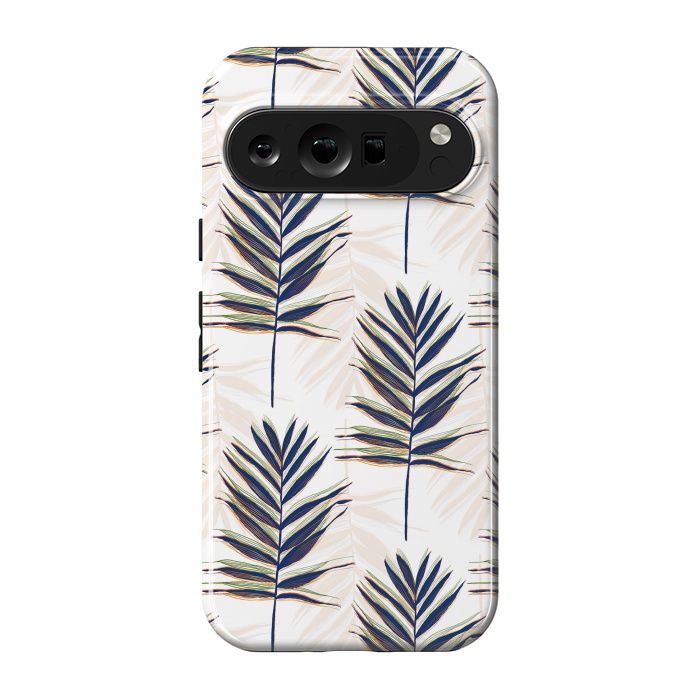 Pixel 9 pro StrongFit Modern Blue Palm Leaves Gold Strokes White Design by InovArts