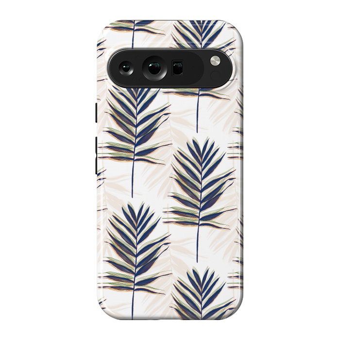 Pixel 9 Pro XL StrongFit Modern Blue Palm Leaves Gold Strokes White Design by InovArts