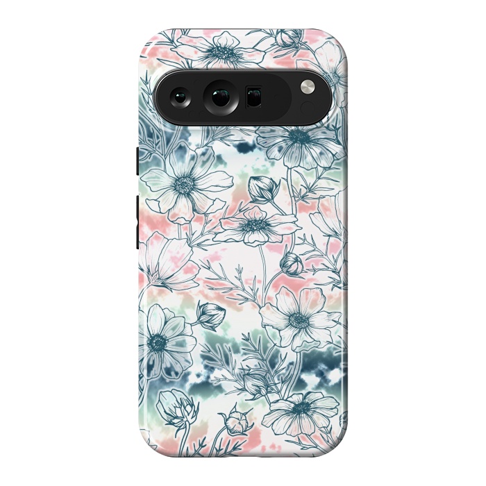 Pixel 9 Pro XL StrongFit Fields of Cosmos in Coral, Mint and Navy Tied Dye by gingerlique