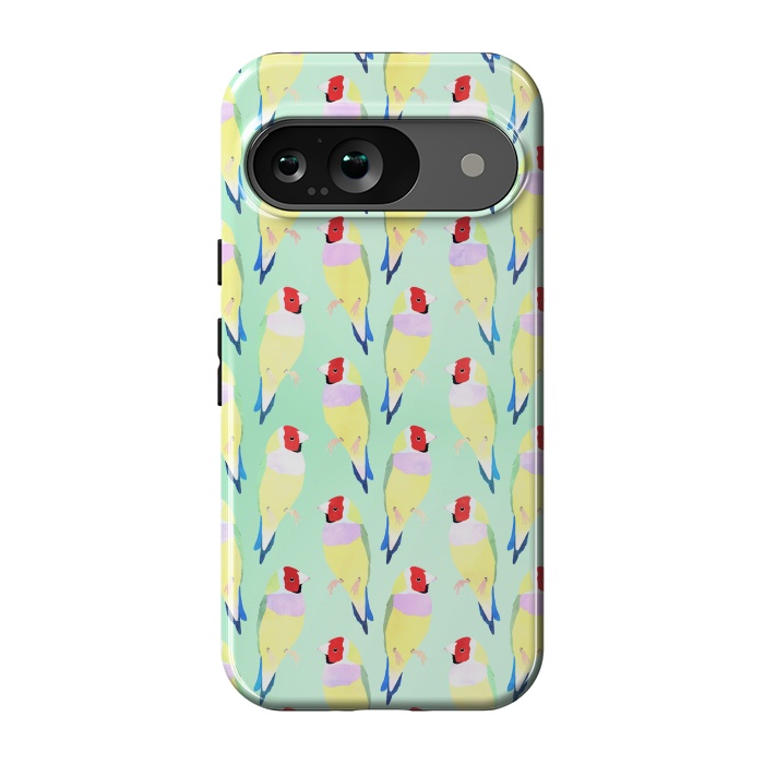 Pixel 9 StrongFit Cute Watercolor rainbow finch bird Mint Pattern by InovArts