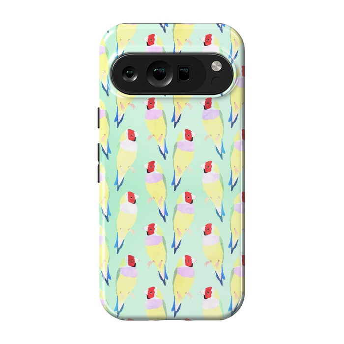 Pixel 9 pro StrongFit Cute Watercolor rainbow finch bird Mint Pattern by InovArts