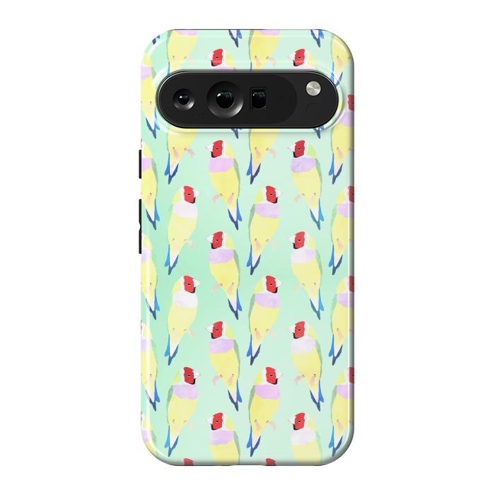 Pixel 9 Pro XL StrongFit Cute Watercolor rainbow finch bird Mint Pattern by InovArts