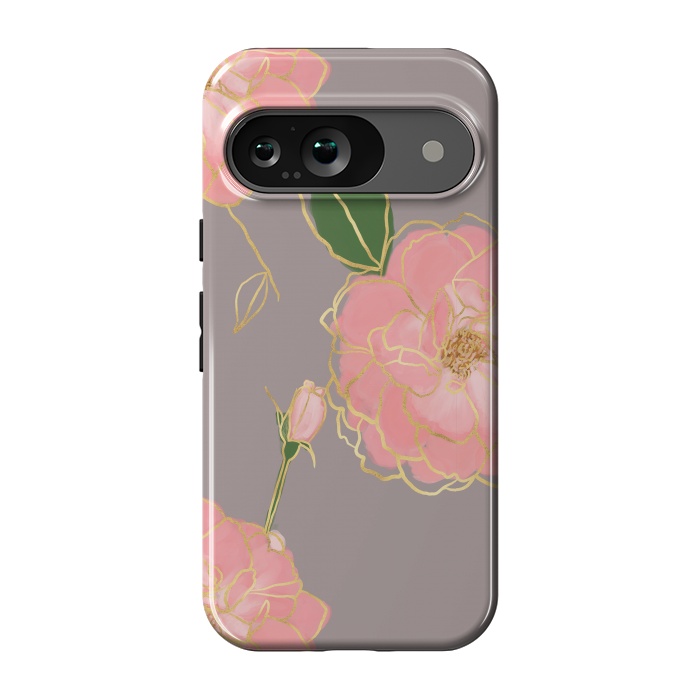 Pixel 9 StrongFit Elegant Pink & Gold Watercolor Roses Gray Design by InovArts