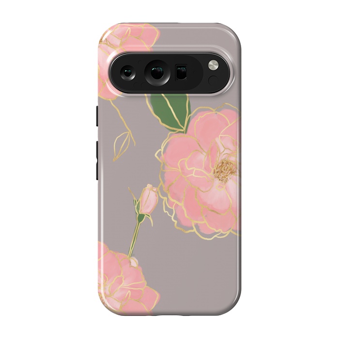 Pixel 9 pro StrongFit Elegant Pink & Gold Watercolor Roses Gray Design by InovArts