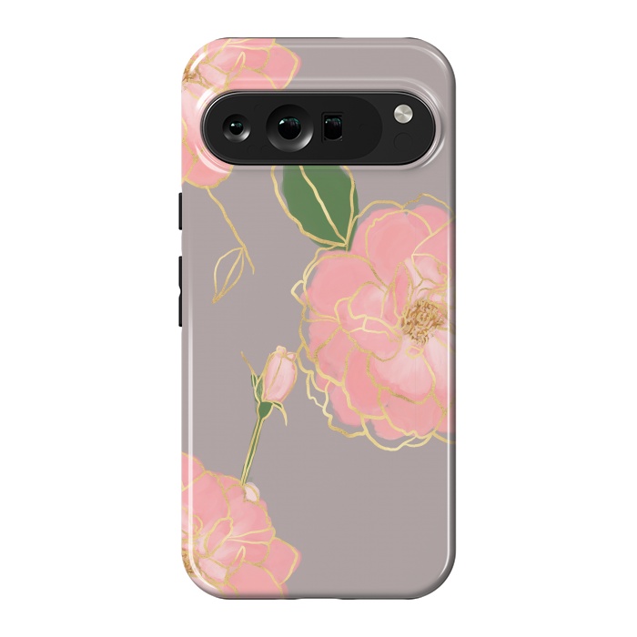 Pixel 9 Pro XL StrongFit Elegant Pink & Gold Watercolor Roses Gray Design by InovArts