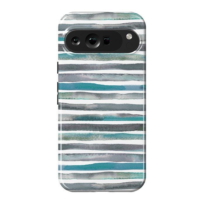 Pixel 9 Pro XL StrongFit Watercolor Stripes and Lines Blue Aqua by Ninola Design