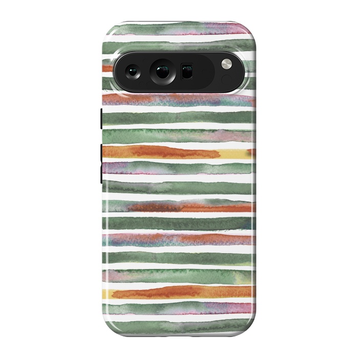 Pixel 9 Pro XL StrongFit Watercolor Stripes and Lines Green Orange by Ninola Design