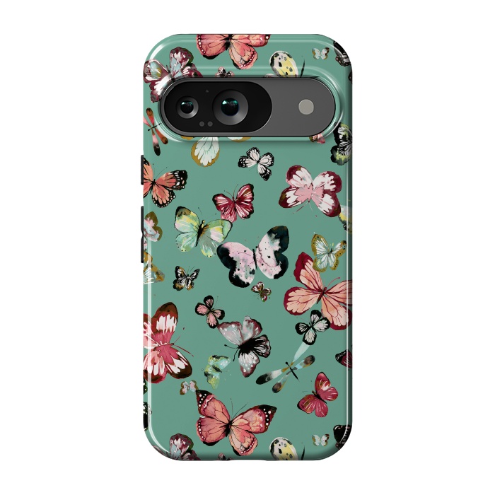 Pixel 9 StrongFit Flying Butterflies Watercolor Teal by Ninola Design