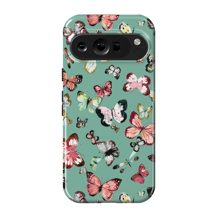 Pixel 9 pro StrongFit Flying Butterflies Watercolor Teal by Ninola Design