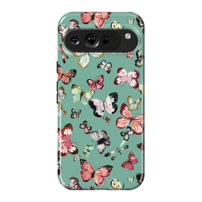 Pixel 9 Pro XL StrongFit Flying Butterflies Watercolor Teal by Ninola Design