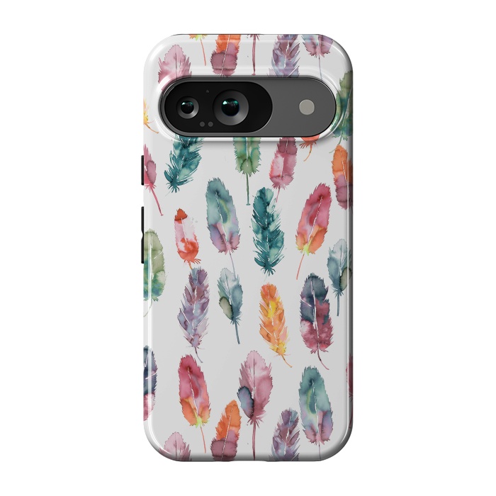 Pixel 9 StrongFit Bohemian Feathers Watercolor Colorful by Ninola Design