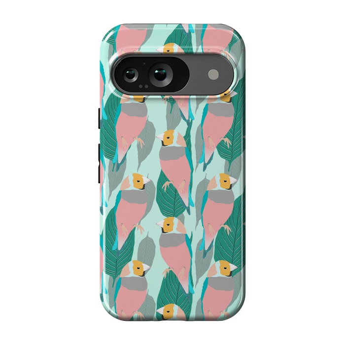 Pixel 9 StrongFit Trendy Pink Rainbow Finch Bird & Green Foliage Design by InovArts