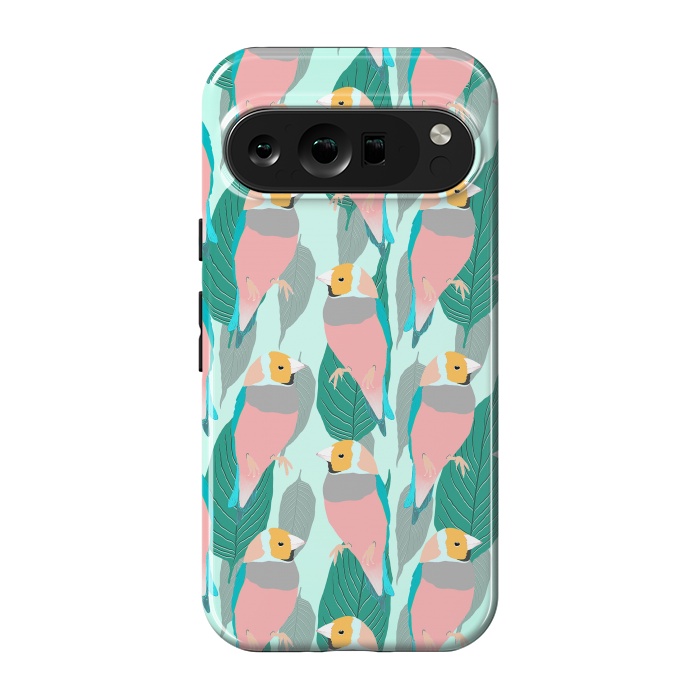 Pixel 9 pro StrongFit Trendy Pink Rainbow Finch Bird & Green Foliage Design by InovArts