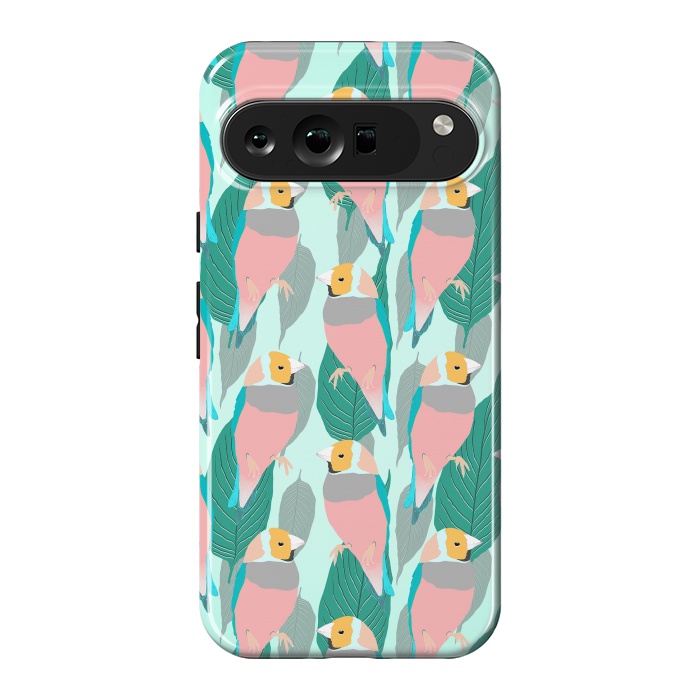 Pixel 9 Pro XL StrongFit Trendy Pink Rainbow Finch Bird & Green Foliage Design by InovArts