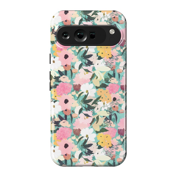 Pixel 9 Pro XL StrongFit Pretty Watercolor Pink & White Floral Green Design by InovArts