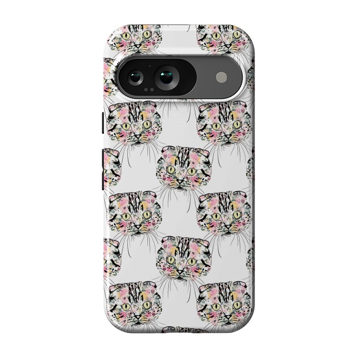 Pixel 9 StrongFit Cute Pink Cat & watercolor flowers Animal Pattern by InovArts