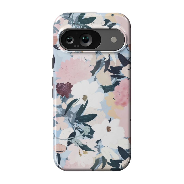 Pixel 9 StrongFit Pretty Grayish Blue Watercolor Pink & White Floral Design by InovArts