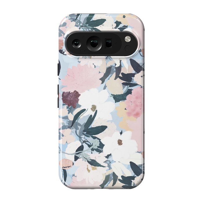 Pixel 9 pro StrongFit Pretty Grayish Blue Watercolor Pink & White Floral Design by InovArts