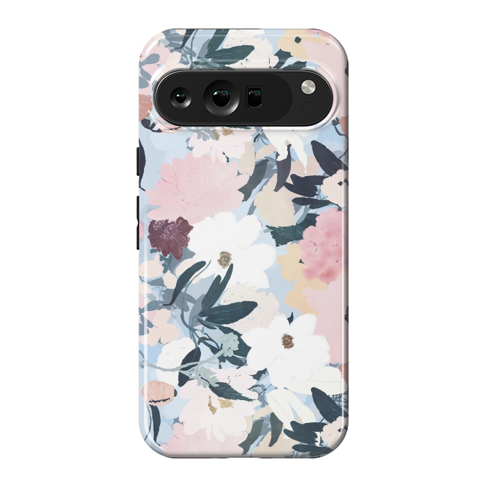 Pixel 9 Pro XL StrongFit Pretty Grayish Blue Watercolor Pink & White Floral Design by InovArts