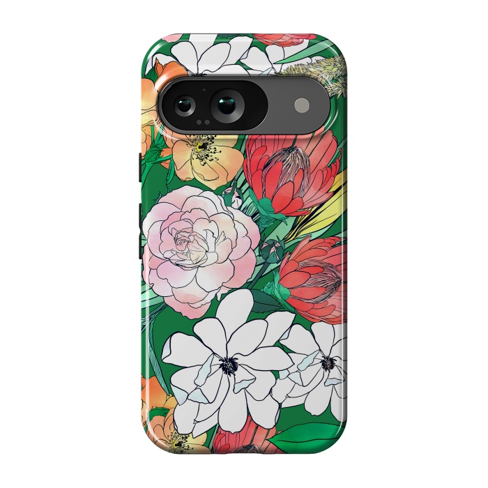 Pixel 9 StrongFit Colorful Hand Drawn Flowers Green Girly Design by InovArts