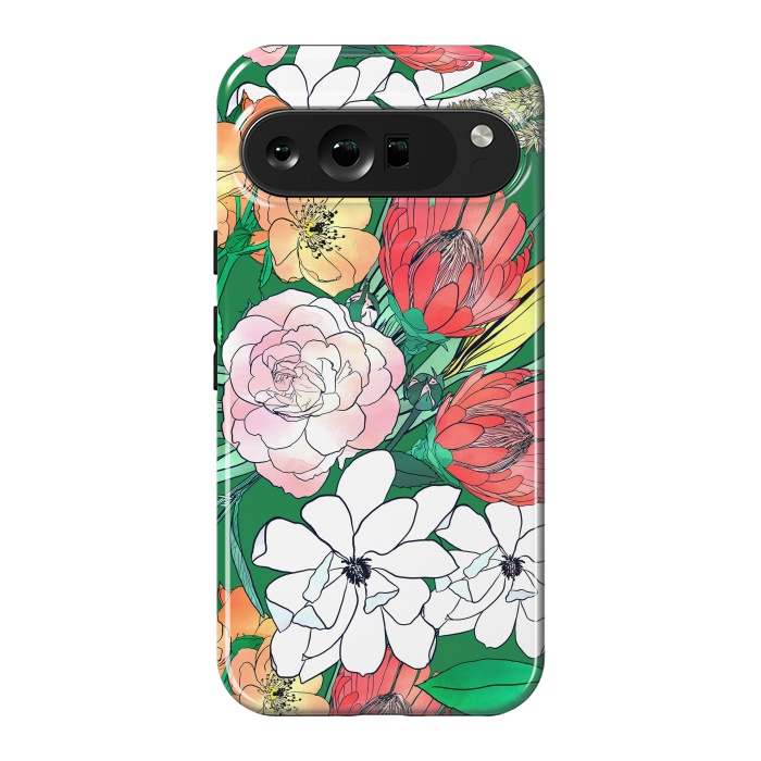 Pixel 9 Pro XL StrongFit Colorful Hand Drawn Flowers Green Girly Design by InovArts