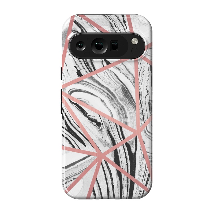 Pixel 9 pro StrongFit White marble with black stripes and rose gold triangles by Oana 