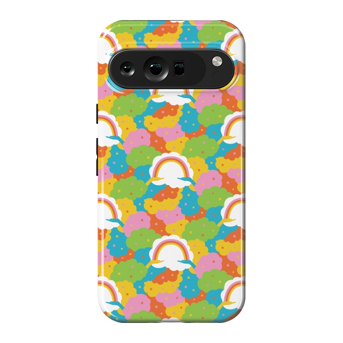 Pixel 9 Pro XL StrongFit Rainbows, clouds, hands, We're in This Together repeat pattern in pastels by Portia Monberg