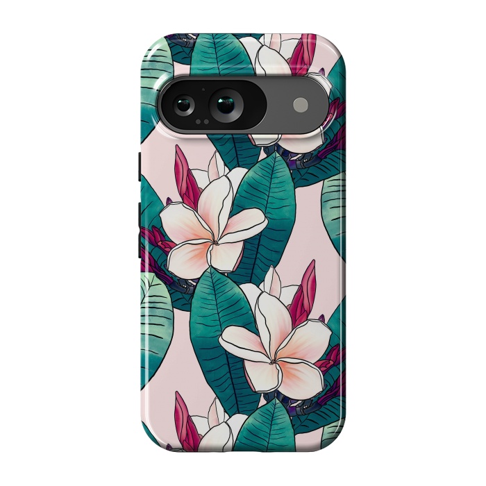 Pixel 9 StrongFit Trendy Tropical Plumeria Flowers Green Foliage Design by InovArts