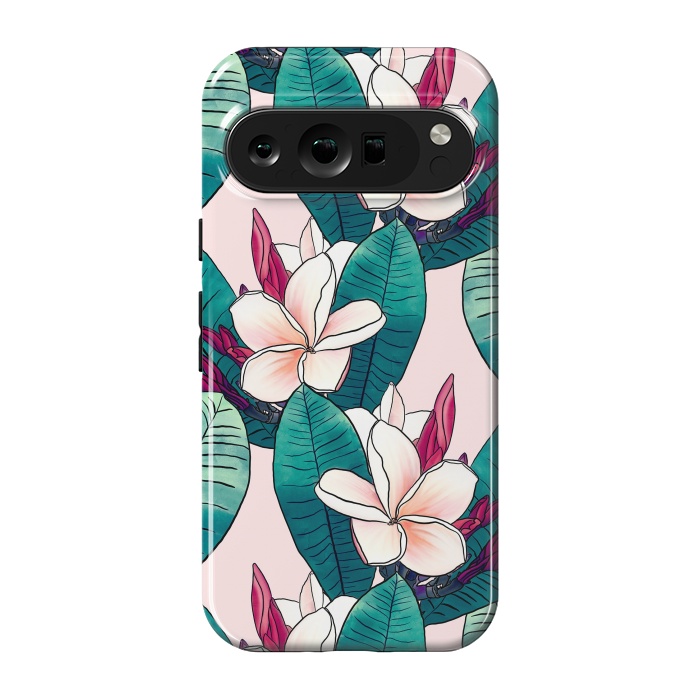 Pixel 9 pro StrongFit Trendy Tropical Plumeria Flowers Green Foliage Design by InovArts