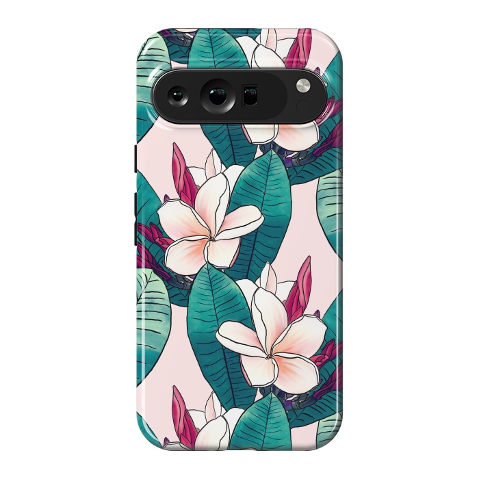 Pixel 9 Pro XL StrongFit Trendy Tropical Plumeria Flowers Green Foliage Design by InovArts