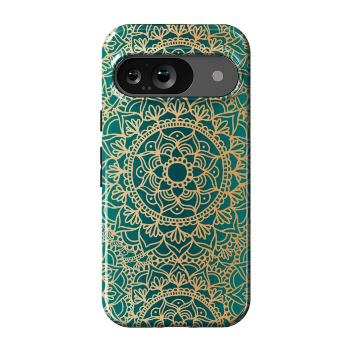 Pixel 9 StrongFit Teal Green and Yellow Mandala Pattern by Julie Erin Designs