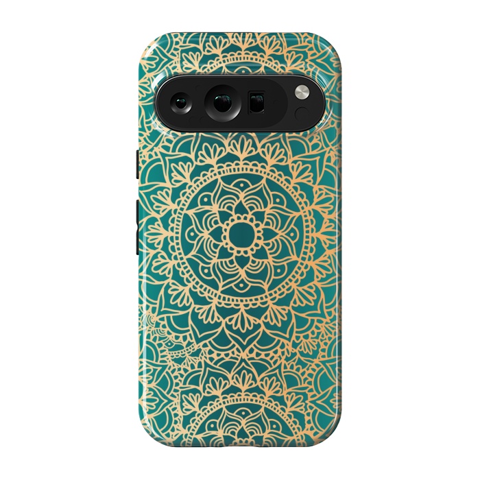 Pixel 9 pro StrongFit Teal Green and Yellow Mandala Pattern by Julie Erin Designs