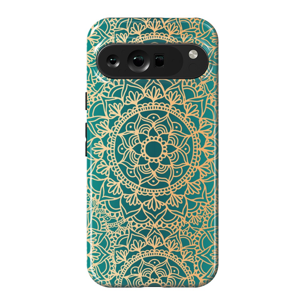 Pixel 9 Pro XL StrongFit Teal Green and Yellow Mandala Pattern by Julie Erin Designs