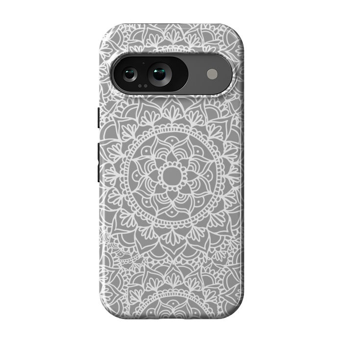 Pixel 9 StrongFit White and Gray Mandala Pattern by Julie Erin Designs