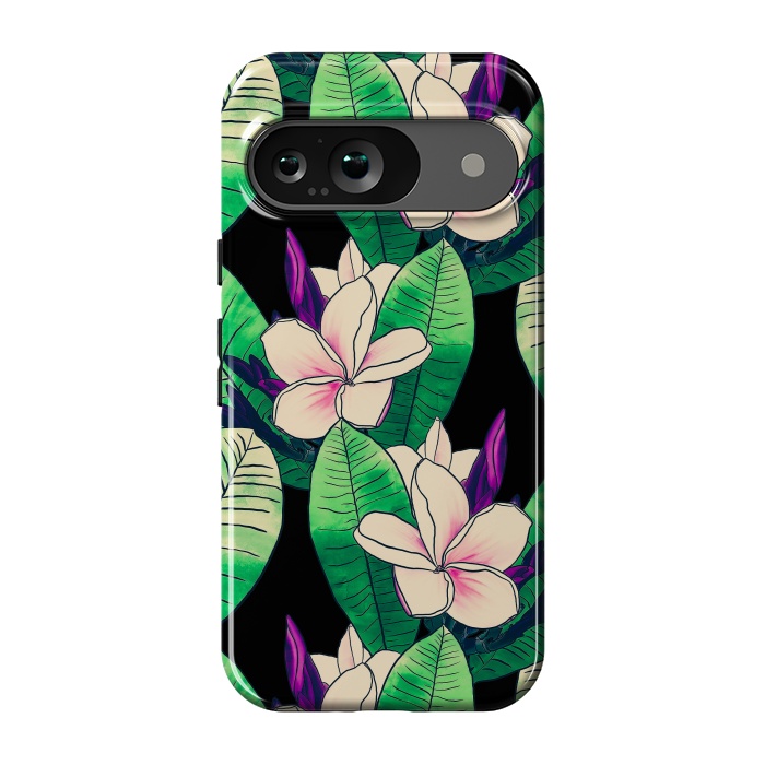 Pixel 9 StrongFit Stylish Plumeria Flower Tropical Green Foliage Design by InovArts