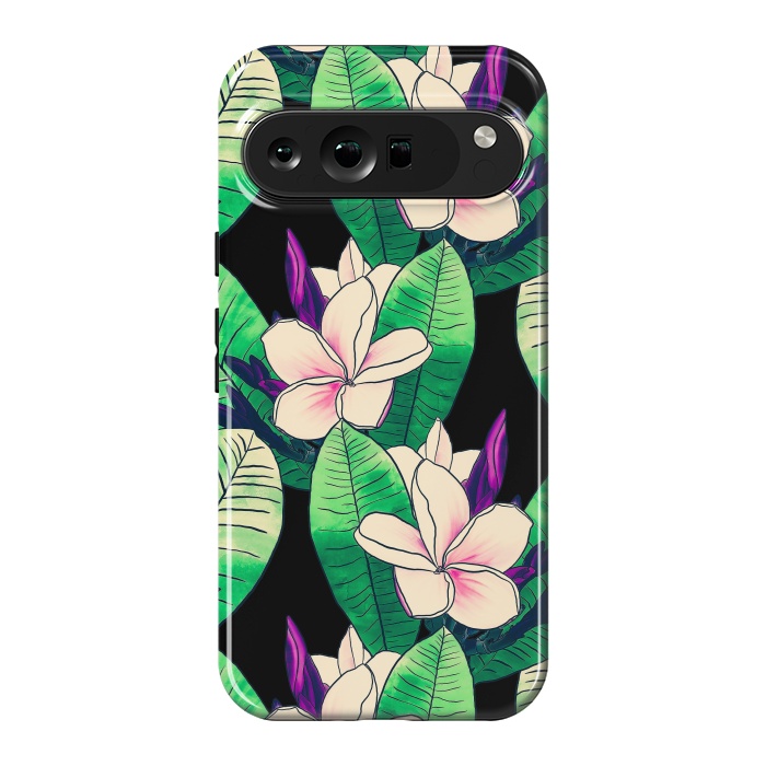 Pixel 9 Pro XL StrongFit Stylish Plumeria Flower Tropical Green Foliage Design by InovArts