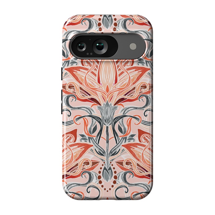 Pixel 9 StrongFit Coral and Grey Watercolor Art Nouveau Aloe by Micklyn Le Feuvre