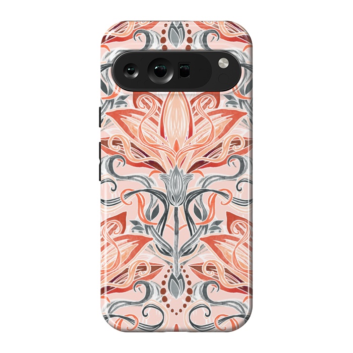 Pixel 9 Pro XL StrongFit Coral and Grey Watercolor Art Nouveau Aloe by Micklyn Le Feuvre